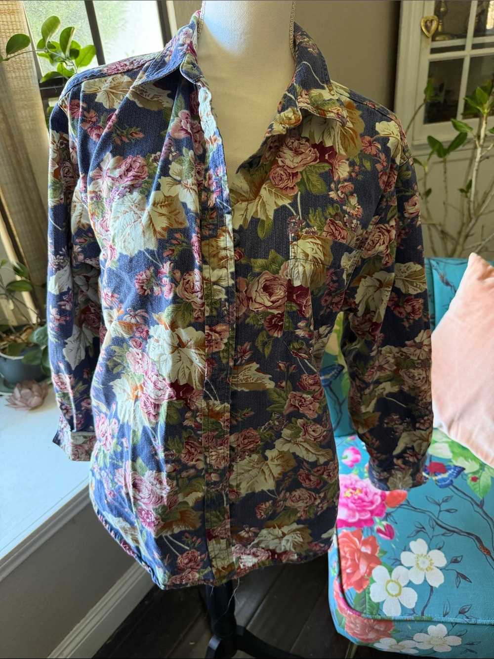 Men’s Floral Button-Up Shirt in Navy with Pink and Cream Roses